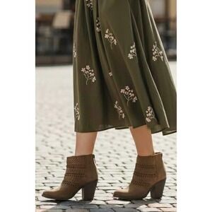 Women's Fergalicious Tan Suede Woven Cutout Block Heel Ankle Boots Size 7M